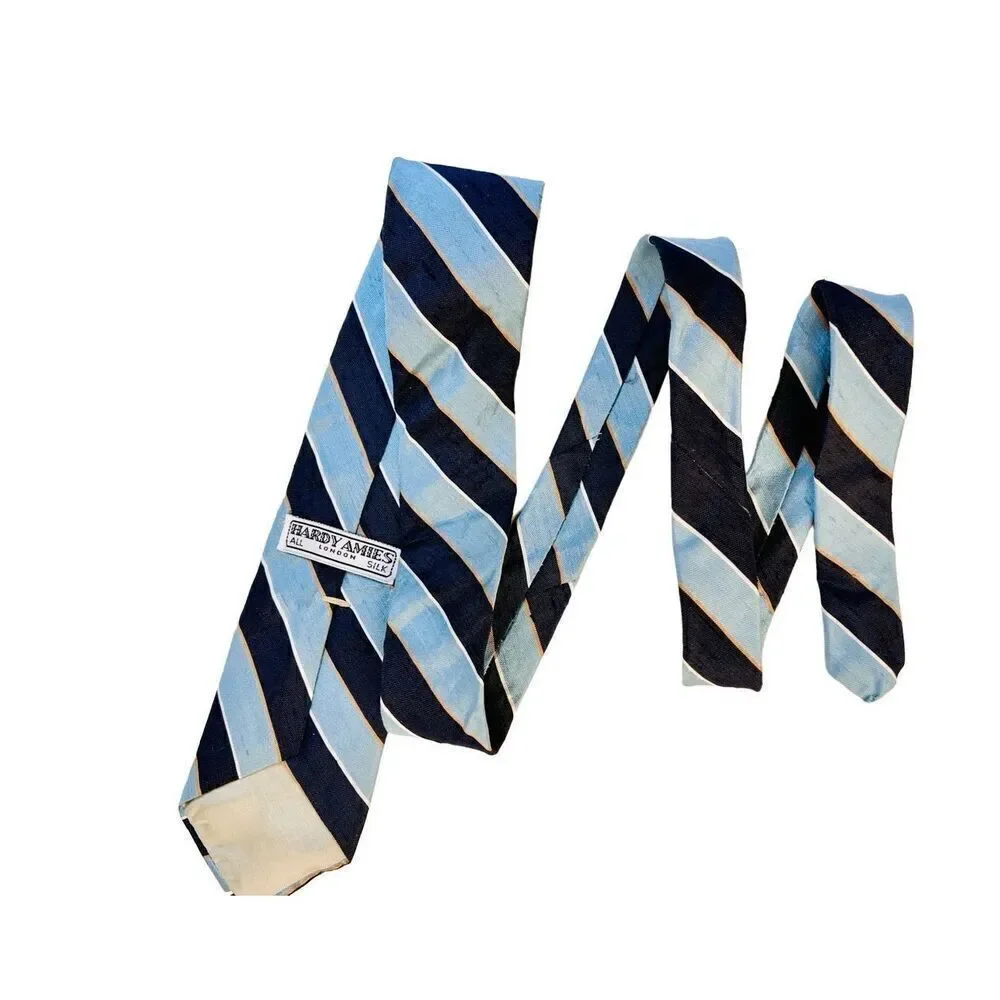 Vintage 80s Hardy Aimes London All Silk‎ Blue Stripe Tie Retro Classic